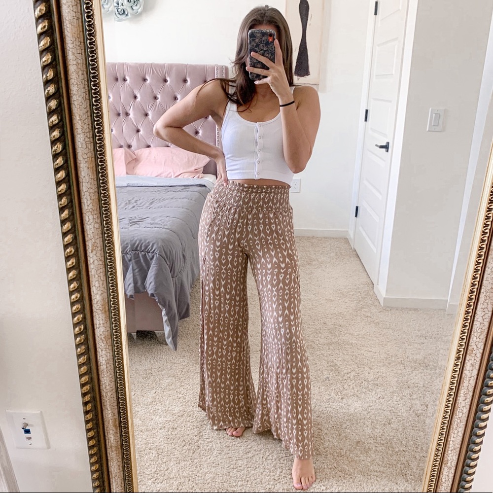 Rewash Light Brown Cinched Waist Aztec Print Wide Leg Pants Size Medium